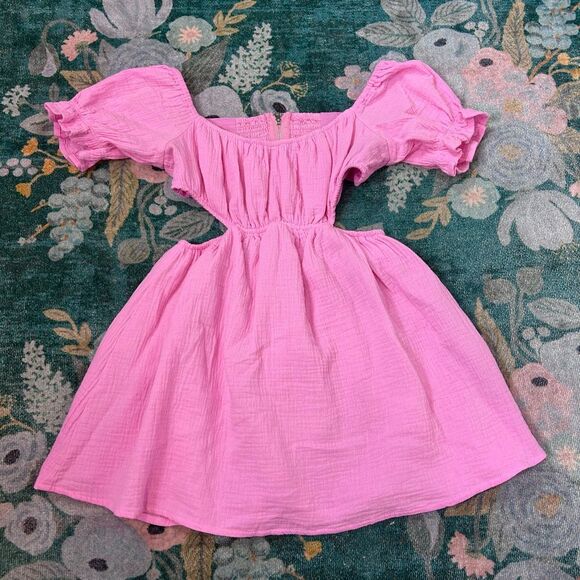 NWT Sundays Dress Gauze Cotton Small Pink Mini Open zip Back Short Puff Sleeve - Picture 7 of 16